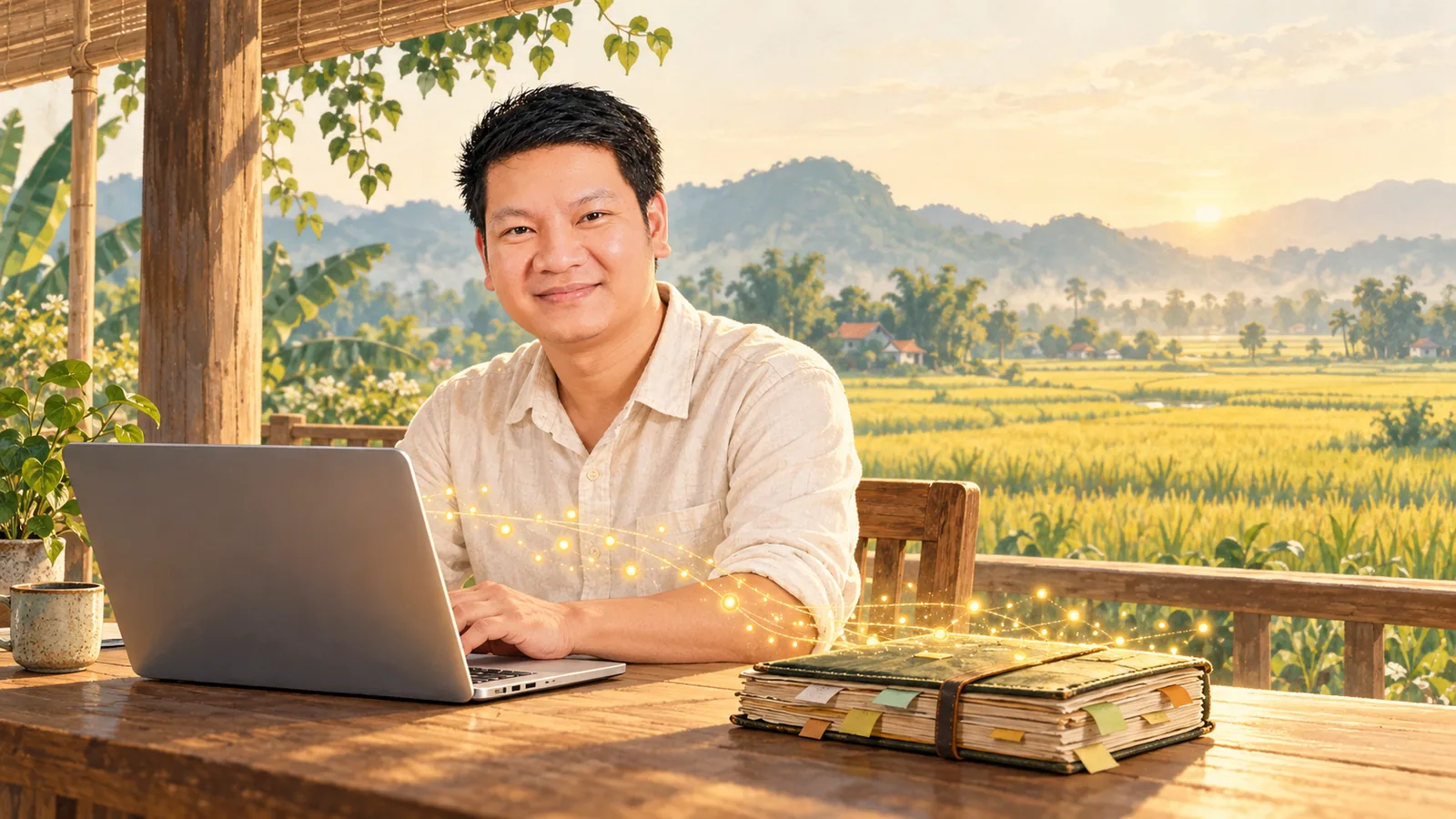 Kiên làm việc bên laptop và cuốn sổ ghi chép dày, nhìn ra cánh đồng lúa buổi sớm
